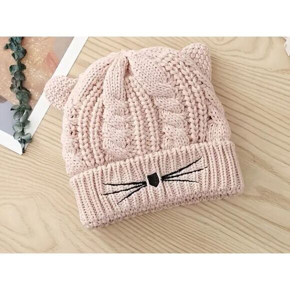 New!  Pink Cat Ear and Whisker Face  Beanie Stocking Cap Hat - Picture 1 of 3